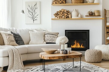 The white corner sofa in a living room that has a fireplace in it. Scandinavian home interior design.