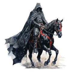 A hooded figure riding a black horse through a dusty landscape