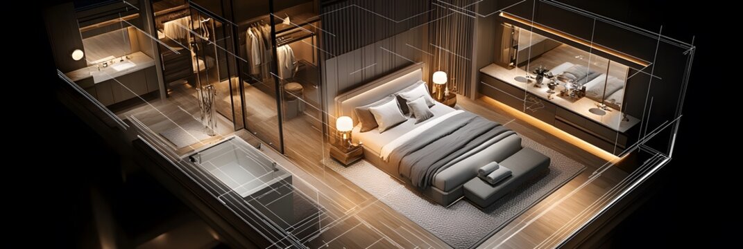 3D blueprint of a luxurious master bedroom with a king-sized bed, a walk-in closet, and an en-suite bathroom