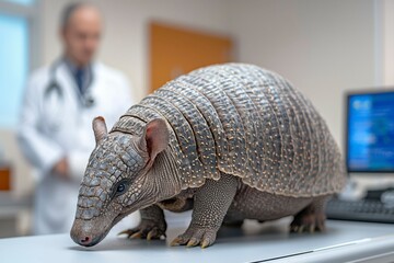 Armadillo Examined by a Blurred Veterinarian in a Clinic