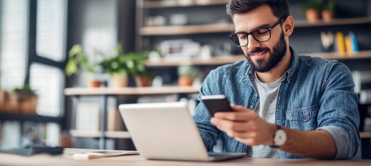 Hand of business woman using mobile phone and typing on screen of smartphone during planning work with calendar planner and laptop computer on office table, close-up