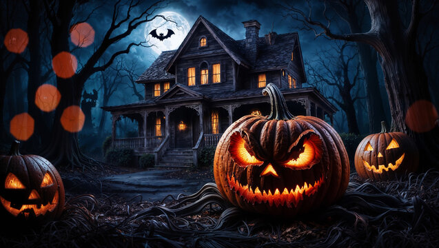 Zucca di Halloween spaventosa, Jack Lanterna, zucca diabolica, in una foresta spettrale di notte vicino ad una casa maledetta con la luna piena, la zucca incarna il male e incute orrore