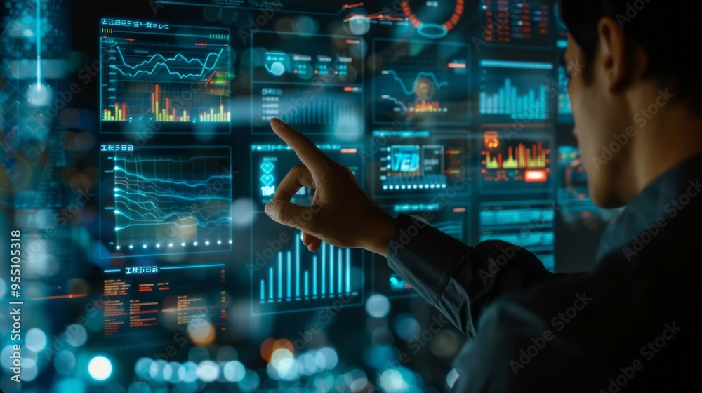 Aufkleber A man is pointing at a computer screen with a lot of graphs and numbers