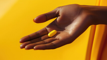 hand of black woman holding vitamin supplement branding white pills nutritional pharmaceutical...