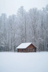 The sharp contrast of a distant snow-covered cabin in a winter landscape, with the surrounding trees and snow softly blurred. 