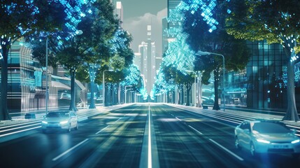 Futuristic Cityscape with Glowing Trees and Autonomous Cars