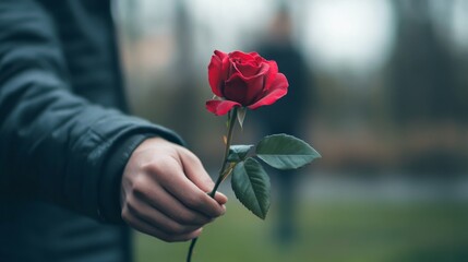 Closeup of a hand holding a single red rose with a blurred background.
