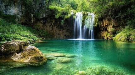 Fototapeta premium Tranquil waterfall flowing into a crystal-clear pool surrounded by lush vegetation, ideal for a natural and serene scene