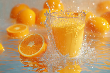 The photo vibrant fresh fruits color and glossy surface are captured surrounded by water splashes. The scene is bright enhancing the fresh with a glass of juice beside 