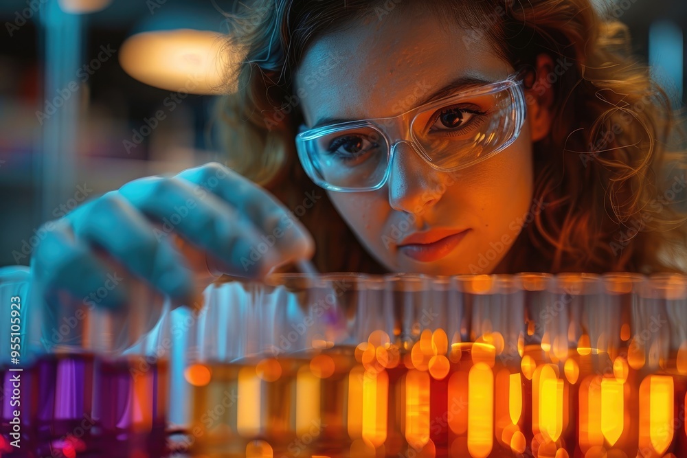 Poster scientist working with test tubes in laboratory doing research