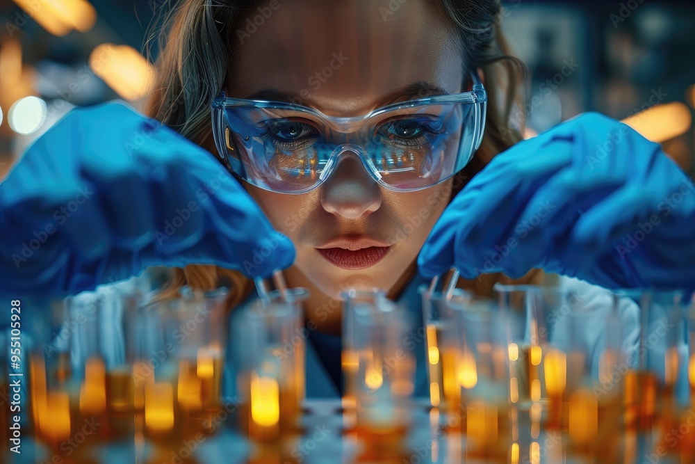 Poster scientist working with test tubes in a chemistry lab