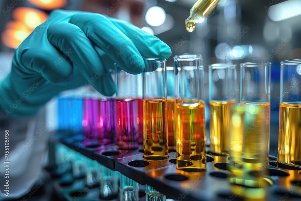 Aufkleber Scientist adding reagent to test tube in laboratory setting