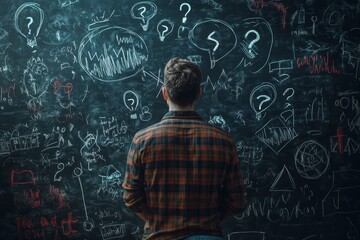 Man in Plaid Shirt Looking at Chalkboard with Question Marks.