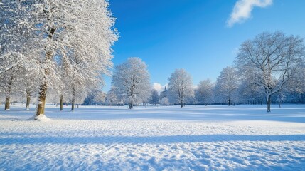 Obraz premium Tranquil winter scene with a blanket of snow over a quiet, empty park and a clear blue sky