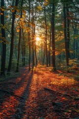 Obraz premium Golden sunbeams illuminating autumnal forest floor