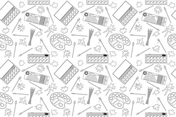 Black and white outline illustration featuring various art supplies for back-to-school, perfect for kids coloring books and educational materials.