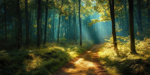 Obraz premium Sun shining through autumn forest with golden leaves covering dirt road