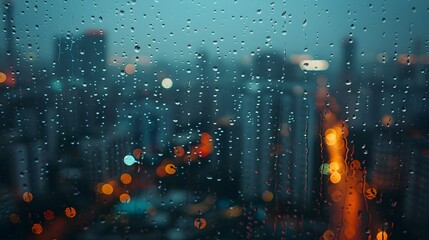 Rainy Urban Landscape Viewed Through Droplet Covered Window Sheltered Cityscape Perspective
