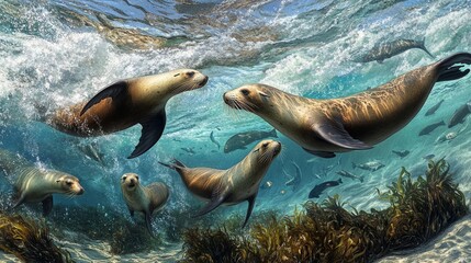 Obraz premium A lively underwater scene featuring playful sea lions swimming among kelp and fish.