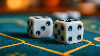 Close-Up of White Dice on Casino Table with Bokeh Effect