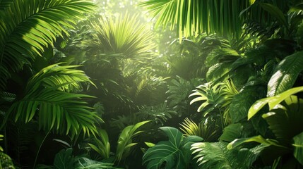 Tropical jungle with an array of green leaves and dense foliage, creating a lush and vibrant environment