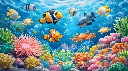 Colorful underwater scene with various fish, coral, and marine life.