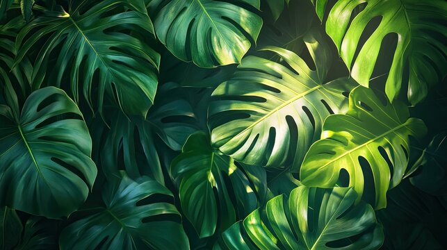 Tropical leaves with rich green hues and dappled sunlight, ideal for a vibrant and exotic backdrop