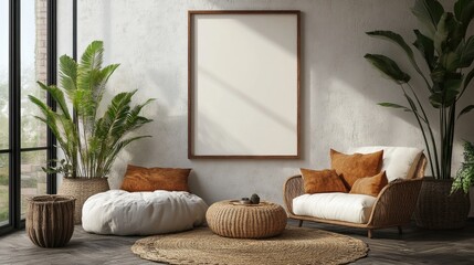 Modern bohemian living room interior with mockup frame hanging on a textured wall