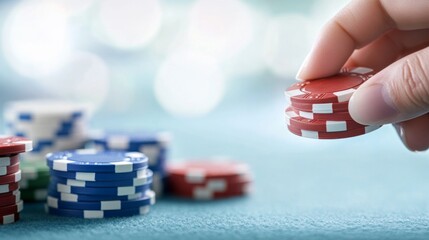 Strategic Hand Placing Poker Chips on Casino Table with Defocused Lights