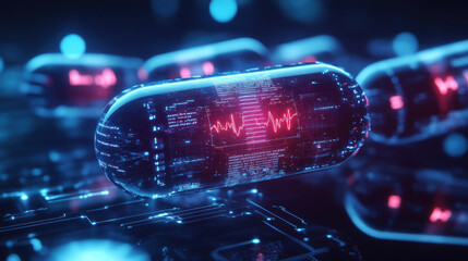 Futuristic Medicine,  Set against a dark tech background, floating capsules with holographic medical diagrams represent cutting-edge pharmaceutical advancements