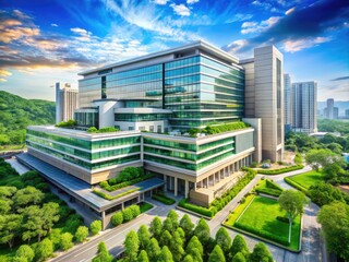 Modern hospital building with sleek architecture and lush greenery, nestled in a bustling metropolis, conveying a sense of innovative medical care in an urban setting.