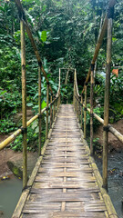 Narrow reed bridge crossing over a stream near Tibumana Waterfall, Bali, Indonesia 