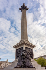Lion sculpture and Nelson column on Trafalgar square, London, UK