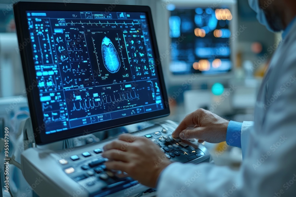 Poster medical professional analyzing brain scan on computer in a hospital operating room