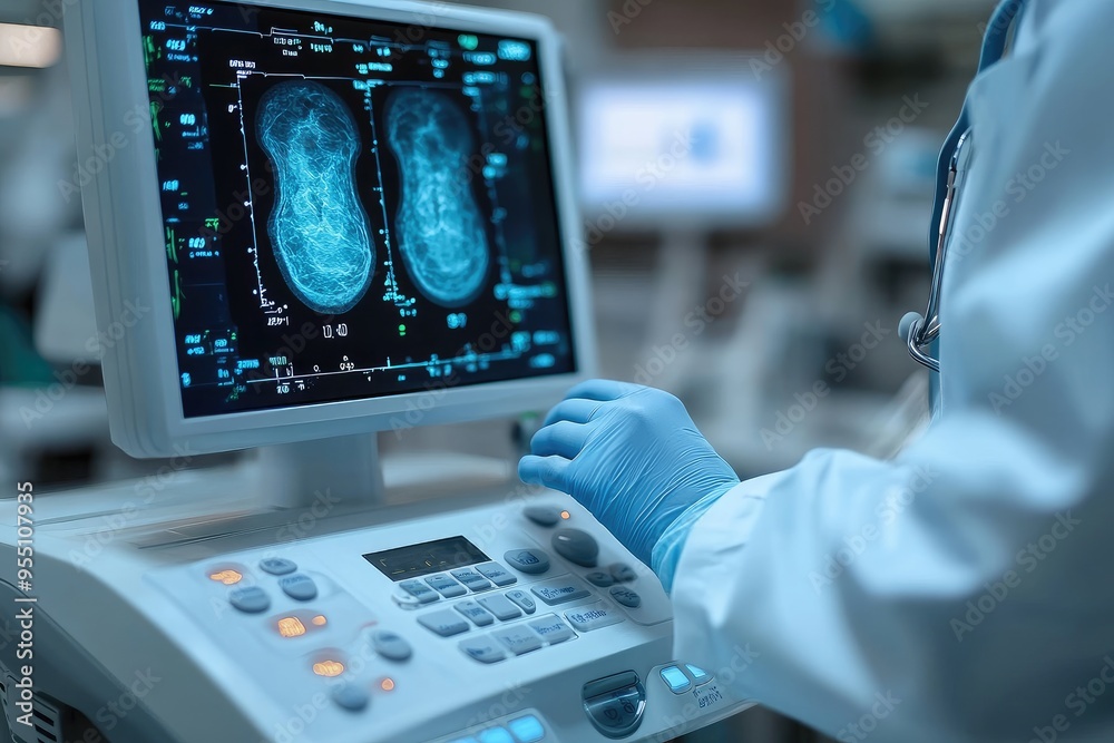 Poster medical professional analyzing brain scan on computer in a hospital operating room