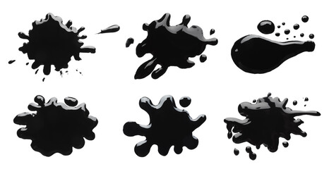 Blots of black printer ink on white background, set. Top view