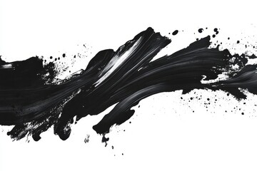Abstract black paint strokes with splatters on a white background.