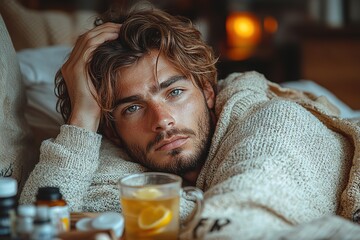 A young man suffers from a cold at home with tea and lemon wrapped in warm clothes or a blanket. He is holding his head and has a high fever