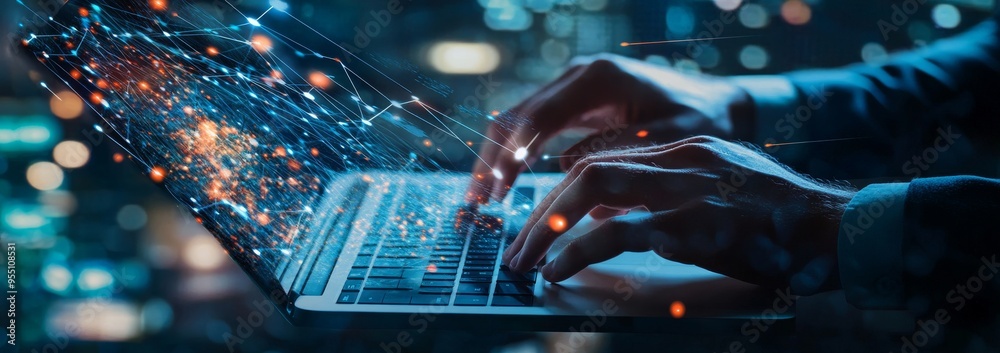 Poster a man with a computer connected to an internet global network and working in a smart city using digi