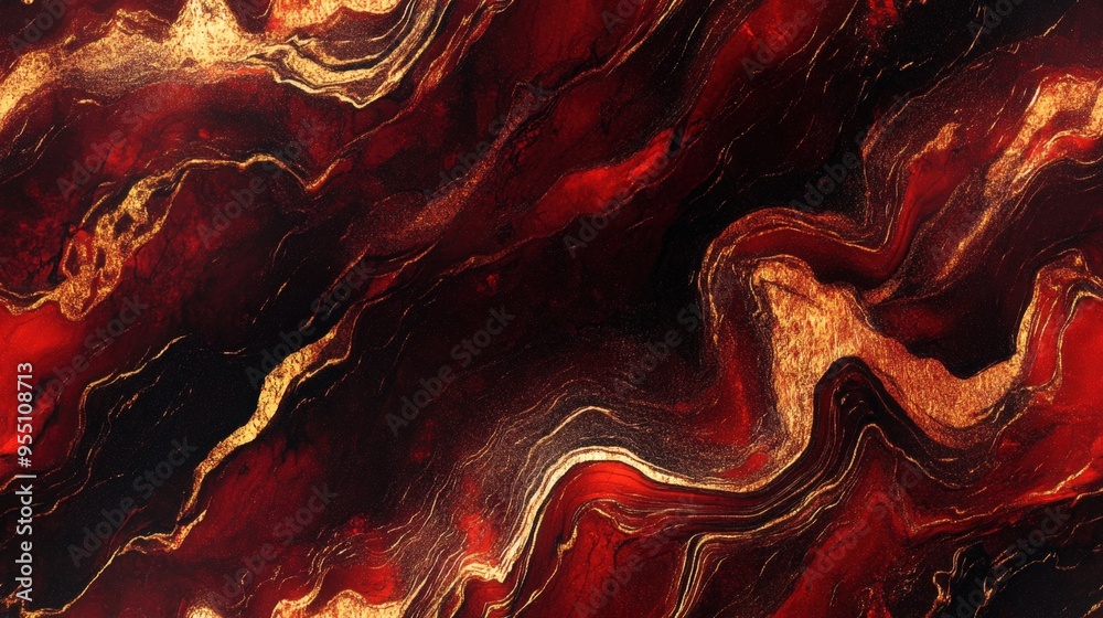 Wall mural A stunning abstract red and black marble texture with vibrant gold streaks, perfect for backgrounds, wallpapers, and artistic designs.