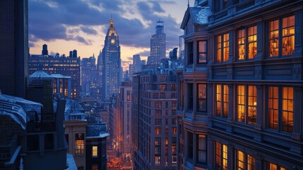 Cityscape at dusk, featuring a mix of historical and modern buildings with illuminated windows, 3D architecture