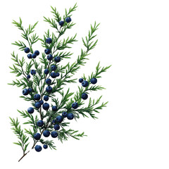 A vibrant juniper branch showcasing rich green foliage and deep blue berries, perfect for nature-themed designs and botanical illustrations.