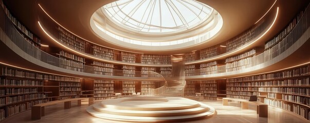 Obraz premium Circular library with a glass dome, allowing natural light to flood the central reading area, 3D architecture