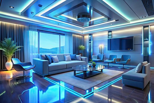 Modern living room with sleek furniture and futuristic decorations, illuminated by soft blue light, showcasing AI-generated interior design ideas for a futuristic home.