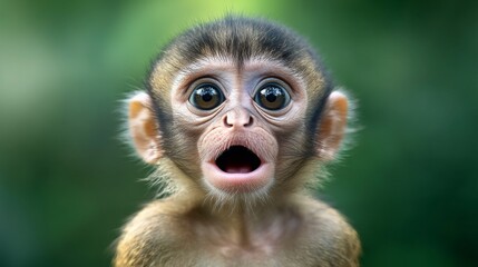 Fototapeta premium Startled Baby Monkey with Wide Eyes Amidst Greenery