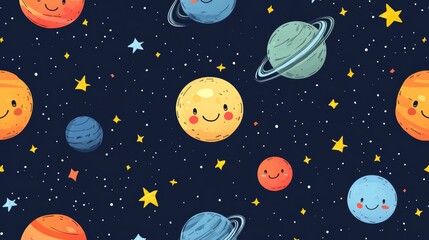 A cheerful and colorful pattern featuring smiling planets and stars in a whimsical space scene.