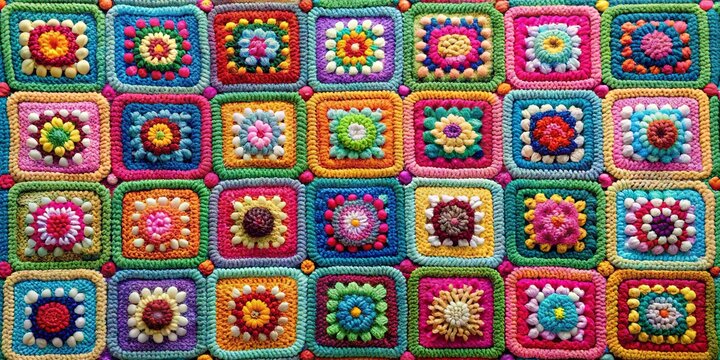 Colorful granny square afghan made up of intricate crochet squares