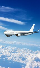 Obraz premium A white airplane flies above a sea of white clouds with a blue sky.