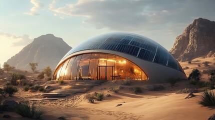 Desert eco-dome, with solar panels, sand-resistant materials, and sustainable features, 3D architecture