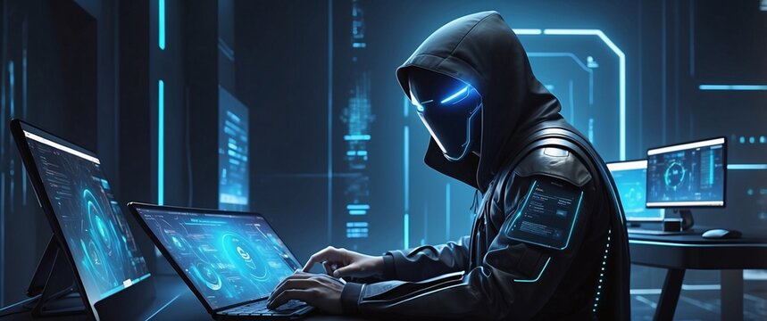 the robot importance of cyber security and digital protection in the modern business landscape. Use futuristic and sleek technology designs to convey a sense of advanced protection and security